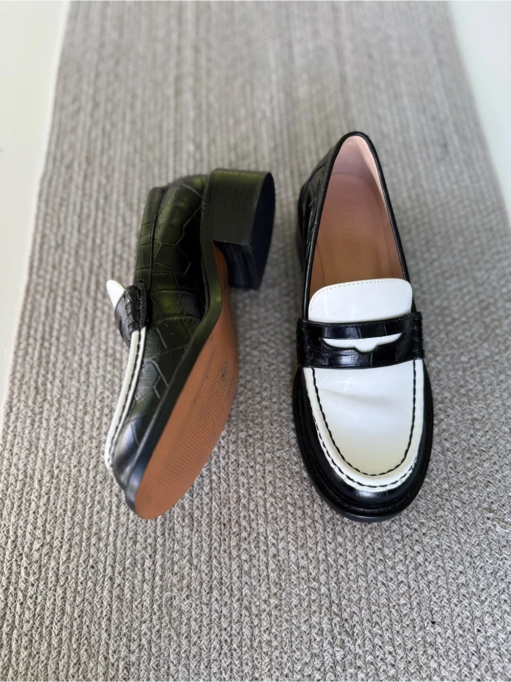 J. Crew Coin Loafers Black and White Croc Embossed Leather Loafers Size 7.5